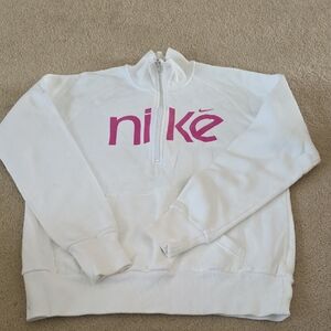 Nike White Sweatshirt with Pink Logo Quarter Zip, Women's Size XL